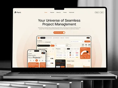Seamless Project Management Website UI Design - Planit branding dashboard graphic design illustration landing page product design project management project management tool task list task management task management app task tracker team management tracking typography ui ux web design web page website