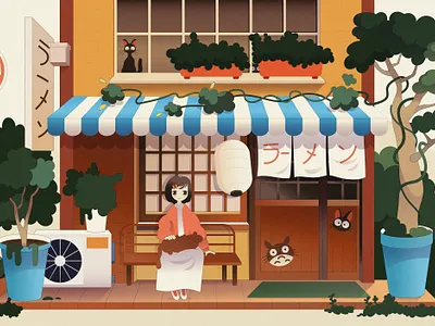 Ghibli house anime cat character design cute flat food ghibli house illu illustration japan nature ramen totoro vector
