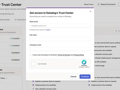 Request Access to Trust Center Dialog compliance dialog figma minimal modal oneleet product design request access saas security soc2 trust trust center trust page ui web