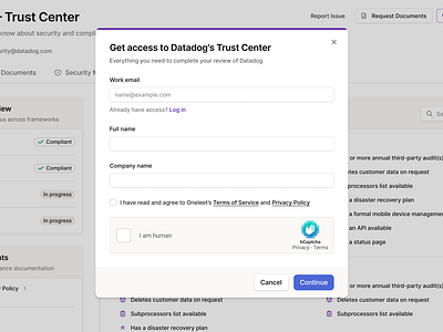 Request Access to Trust Center Dialog compliance dialog figma minimal modal oneleet product design request access saas security soc2 trust trust center trust page ui web