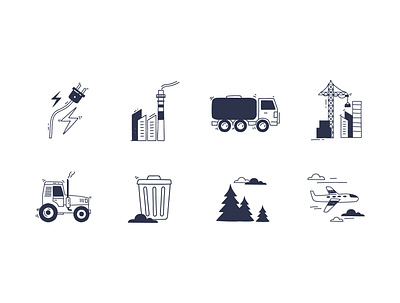 Environmental impact icons buildings climate doodle electricity emissions environment factory forest geo handdrawn icons illustration plane tracktor truck waste