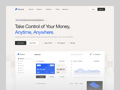 Finovus - Home Page dashboard design finance financial financial services fintech graphic design hero illustration landing page saas ui ui design ux uxerflow web web design website