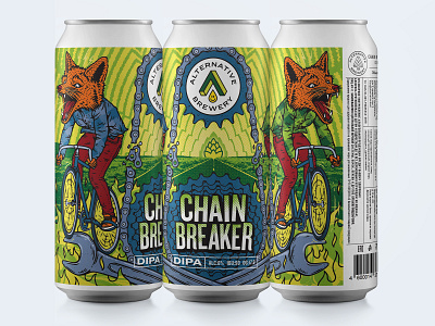 Chain Breaker - DIPA beer beer can design beer label bike chains cycling flame fox freedom gears grunge halftones hops horizon illustration logo logo design sun textured tools