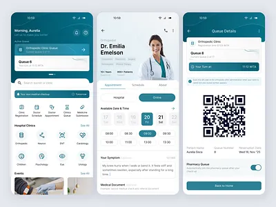 Queue Details & Doctor Appointment - Hospital App appointment clinic details doctor doctor appointment eta health hospital medical pharmacy qr code queue queue details registration reminder schedule symptom teal ui ux