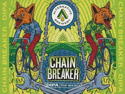 Chain Breaker - DIPA abstract beer label breaking chain craft beer cycling fox gears graphic design grunge hops horizon illustration label logo logo design packaging punk sun tools