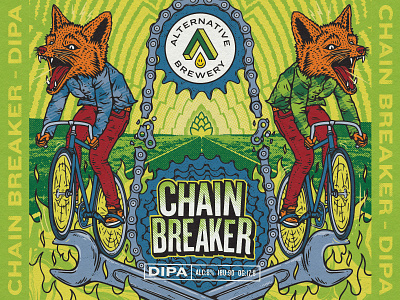 Chain Breaker - DIPA abstract beer label breaking chain craft beer cycling fox gears graphic design grunge hops horizon illustration label logo logo design packaging punk sun tools