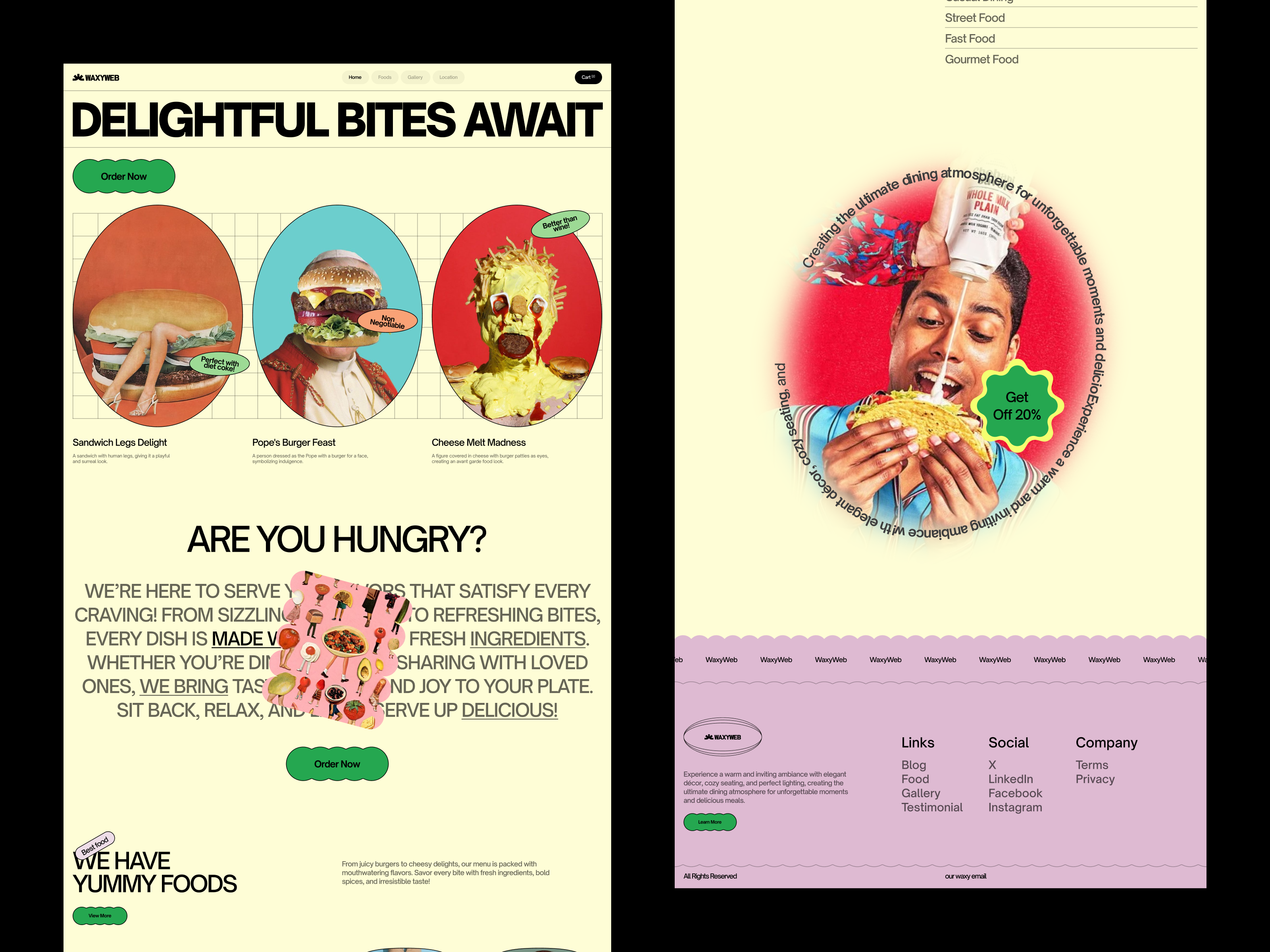 UI/UX for a Food Website Design aesthetic branding burger design food and drink food delivery food landing page food ui food web homepage minimal modern website pizza restaurant website ui ux waxy web waxyweb web design website design