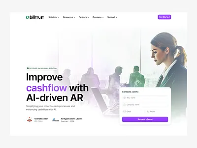 Billtrust - Hero Section Redesign ai automation design design roast hero illustration landing page morva morva labs payment product design purple redesign saas ui user interfce watercolor web design