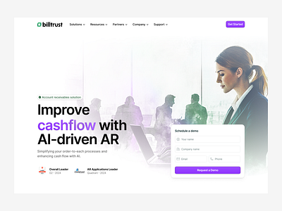 Billtrust - Hero Section Redesign ai automation design design roast hero illustration landing page morva morva labs payment product design purple redesign saas ui user interfce watercolor web design