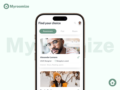 Myroomize – Room & Roommate Finder UI appdesign branding creativedesign design dribbleshots figma illustration logodesign minimaldesign moderndesign prototype ui ux webdesign website