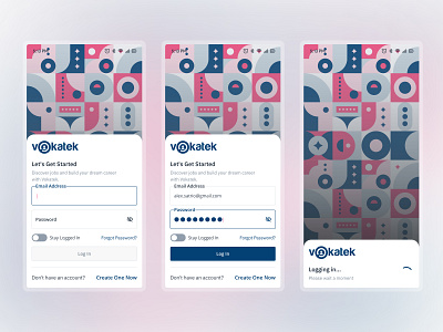 Vokatek - Login UI process 🔐 app design dark blue design job portal login screen login ui mobile app navy blue pink ui ui design uiux ux ux design