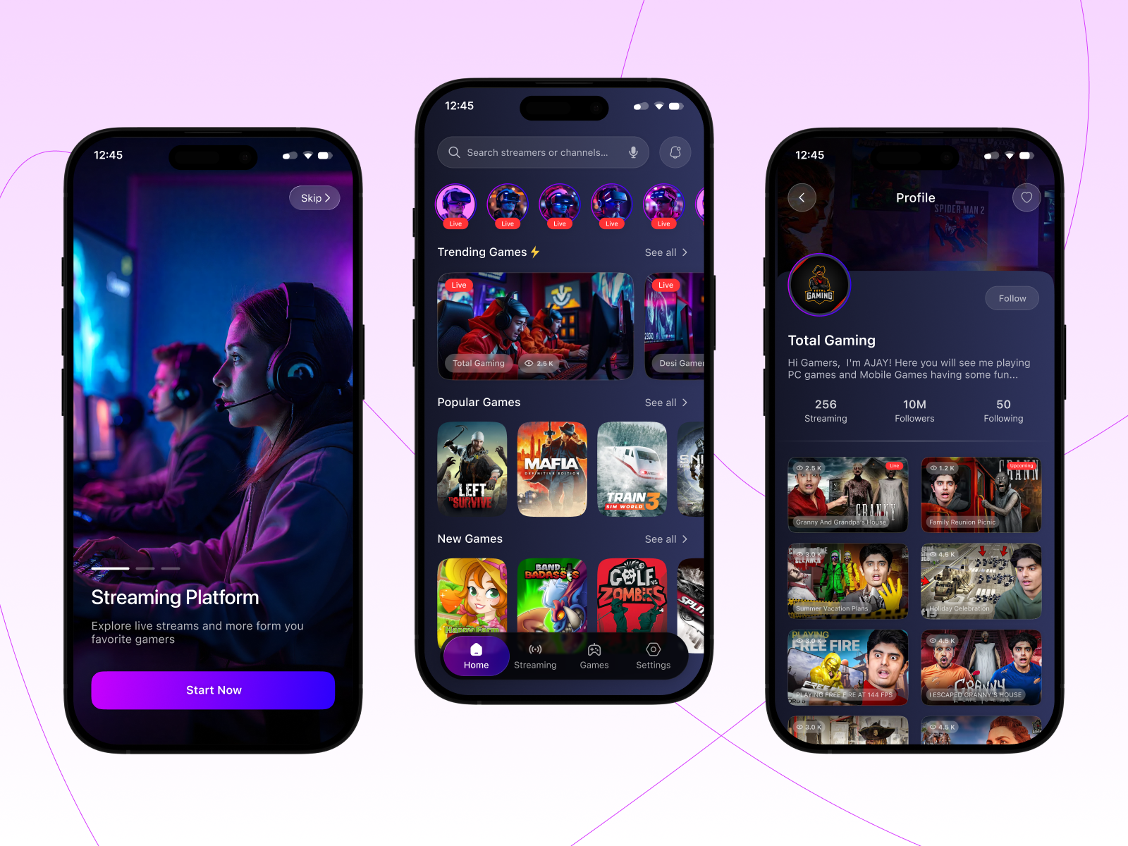 Game Live Streaming App UI Design app concept app design app profile ui creative ui dark mode ui discover screen esports app figma design game streaming gaming app live streaming mobile app ui mobile experience mobile ui modern ui design onboarding screen streaming platform ui inspiration user interface ux design