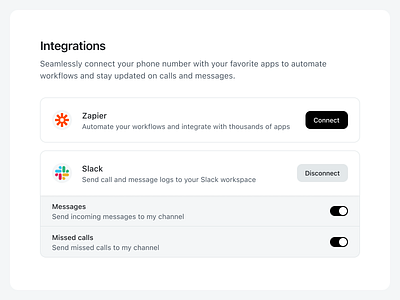 Settings / Integrations dashboard integrations saas settings ui user interface