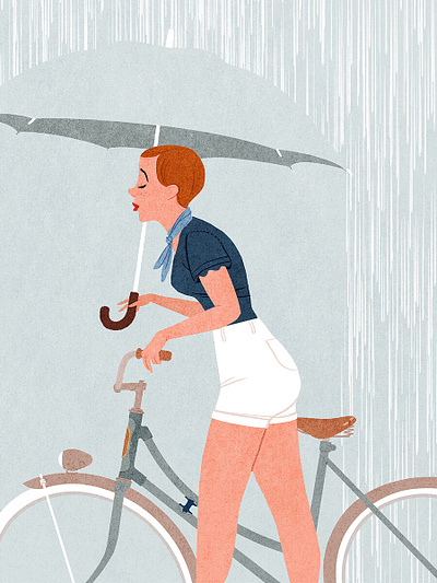 Summer Rain bicycle illustration mid century retro self work vintage