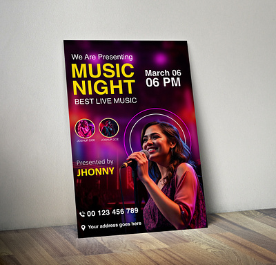 Poster For Live Musical Night club party flyer concert event design creative branding creative layout graphic design illustrator design live music flyer modern flyer music night poster neon lights nightlife poster photoshop flyer poster mockup vibrant colors