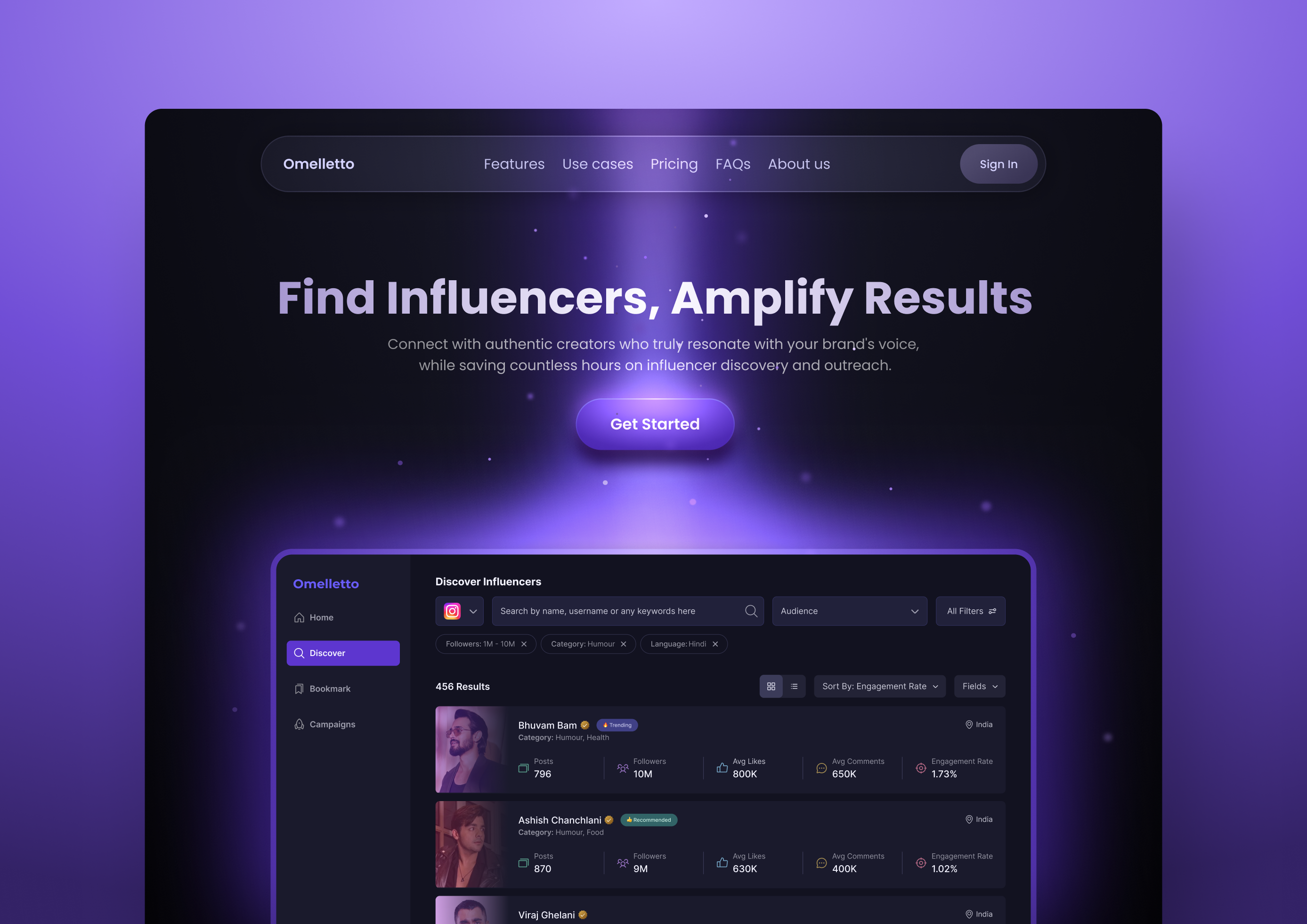 SaaS Landing page for a platform to discover influencers backgroundeffect blue concept cta dark glow hero home landingpage lightning login navigation product design purple saas search signup sparkle stars web design
