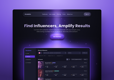 SaaS Landing page for a platform to discover influencers backgroundeffect blue concept cta dark glow hero home landingpage lightning login navigation product design purple saas search signup sparkle stars web design