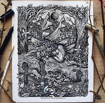 Somewhere peaceful… art butterfly characters chatzipanagiotou concept deer design drawing earth fish flowers forest graphic design handmade illustration landscape nature pen scenery woods