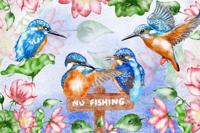 Watercolor Cute Kingfisher Birds and Lotus Flowers beautiful birds blue bright colorful cute design flowers graphic design illustration kingfishers painting pink png summer watercolor wildlife