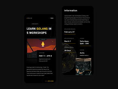 Axilis - Agency Website - Code Workshop - Mobile agency announcement apply code workshop courses dark golang mentors mobile mobile website responsive timeline web design workshop