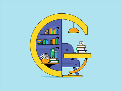 G for Getaway 36daysoftype alphabet books design challenge illustration knowledge letter design letter g library reading reading nook study type design