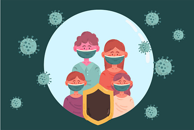 Family Protected from the Virus Illustration bacteria covid family health illustration infection protection symptoms vector virus