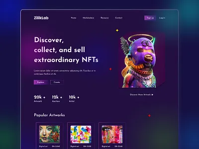 NFT Landing Page Website - NFT Marketplace - NFT Web Header bitcoin brand identity branding crypto art cryptocurrency darktheme ethereum graphic design homepage landing page mobile app ui nft 3d nft art nft marketplace product design token ui design uiux ux design web design