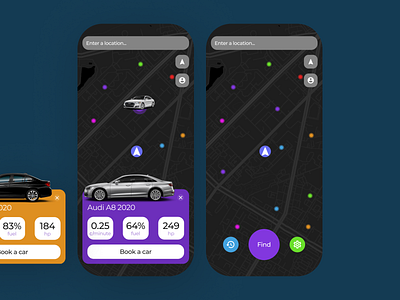 car sharing design concept app car car sharing dark design illustration mobile orange purple rent ui ux uxui