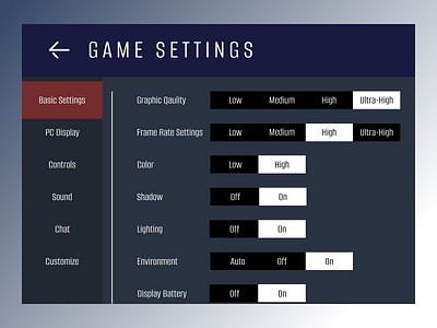 Game Settings design game settings typography ui