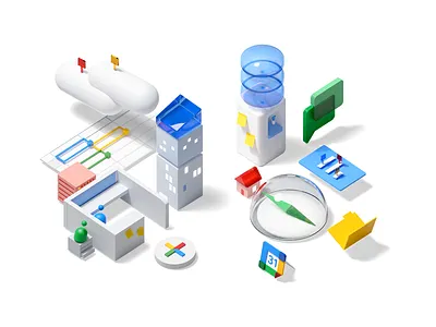 The future of work, with Google Workspace 3d building cubicle docs drive folder gmail google illustration office space server spreadsheet water cooler