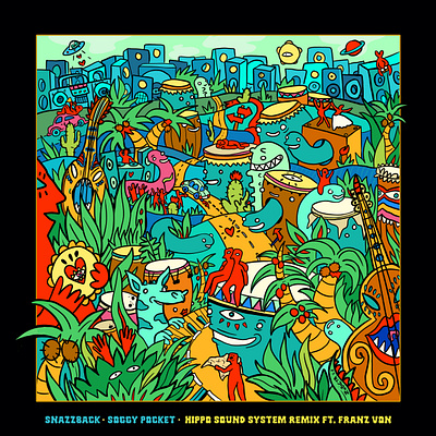 Album Cover for Hippo Sound System remix from Snazzback brasil cartoon characters illustration keith harring landscape music illustration pop culture surrealism tropical