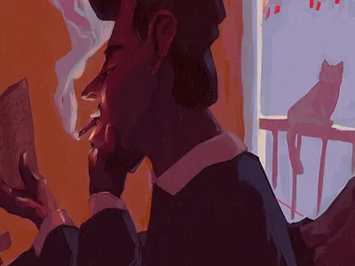 Silence between two chairs apartment art cat chill city life city vibe digital art digital painting illustration illustrator indoors noisy reading smokey smoking