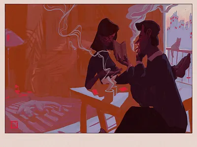 Silence between two chairs apartment art cat chill city vibe digital art digital painting illustration indoors noise relaxing story story telling