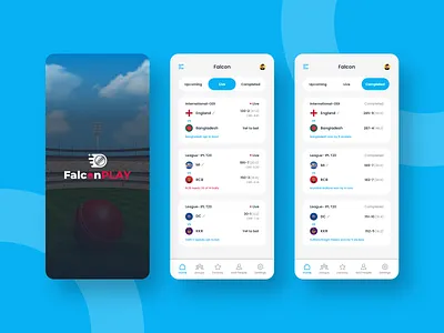 FalconPLAY - Live Cricket App clean cricket app cricket match cricket match ui cricket mobile app cricket ui flat ui ios app minimal minimal ui mobile app score app score card score ui scoring trend 2022 trendy ui design uiux watch live app