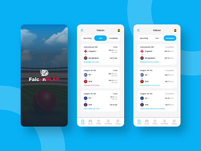 FalconPLAY - Live Cricket App clean cricket app cricket match cricket match ui cricket mobile app cricket ui flat ui ios app minimal minimal ui mobile app score app score card score ui scoring trend 2022 trendy ui design uiux watch live app