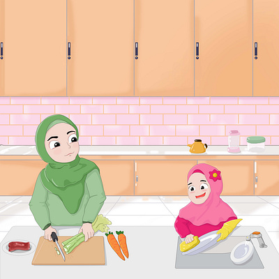 Happy Cooking art child cooking design digital family graphic design happy hijab iftar illustration kareem marhaban moslem mubaraak ramadhan religion vector