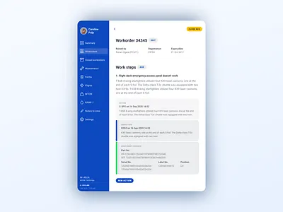 Ryanair Tech Log Light aircraft app blue engineers interaction ipad light mode mobile pilots reports ryanair side bar tables ui