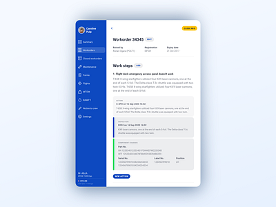 Ryanair Tech Log Light aircraft app blue engineers interaction ipad light mode mobile pilots reports ryanair side bar tables ui