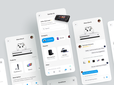 Items Exchange App Concept app app design app ui black white theme clean concept app design feature interface items items exchange mobile mobile app mobile ui ui user interface ux