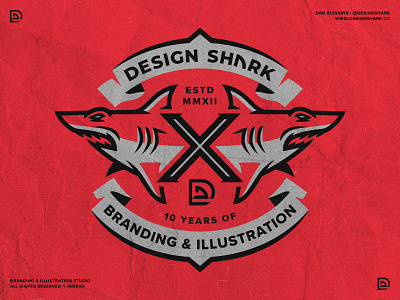 10 Years of Design Shark® badge badge design bold branding clean design design studio graphic design illustration logo personal branding ribbon shark shark badge shark branding shark illustration shark logo vector