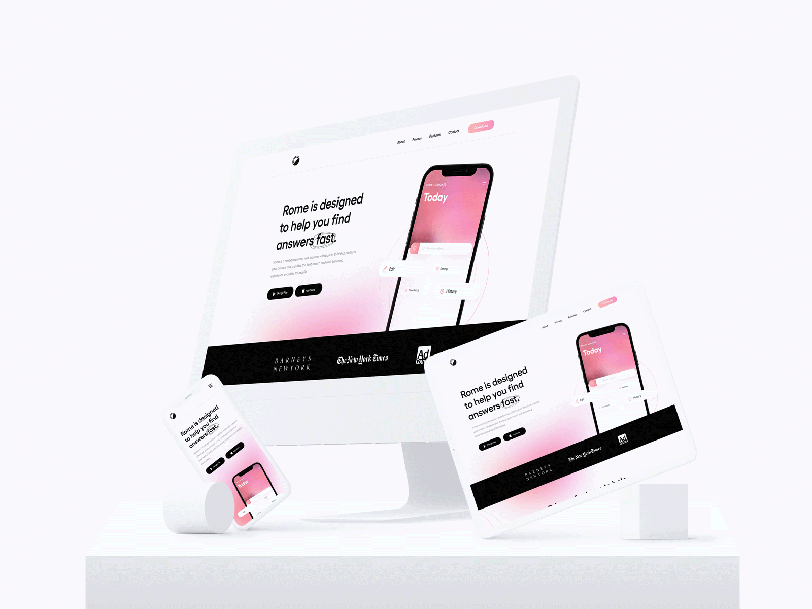 Rome - Mockup animated mockup animation clean design hero imac mockup landing page laptop mockup minimal mobile app mobile design mobile mockup mockup ui ui design uiux ux vpn landing page web design