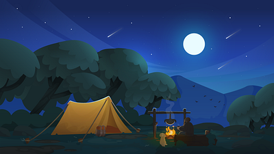 Camping at night background bag calm camp camper design dog draw explorer fire illustration illustrator moon nature night tent ui