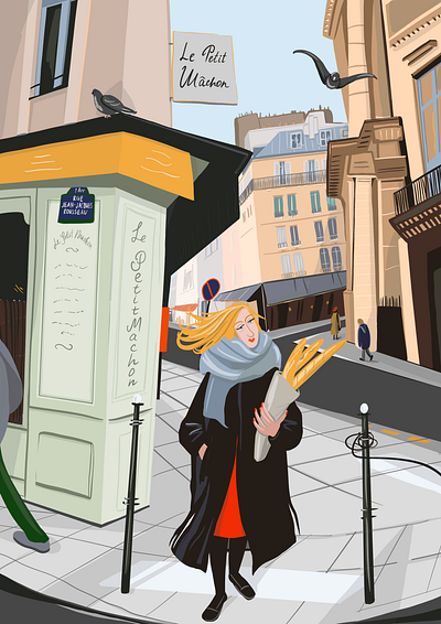 Parisians in the city 2d illustration baguette book illustration character design design digital art france illustration magazine illustration paris parisian streets postcard poster design procreate