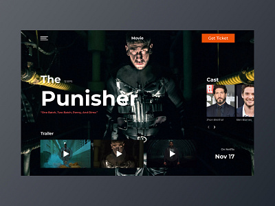 The punisher landing page action actor adobe adobexd beutiful bioscop branding clean dark design figma graphic design marvel modern movie simple trailer ui ux web