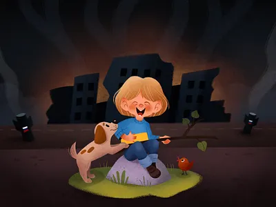 Ukrainian child animals boy character children illustration design dog emotions fire illustration night people personage procreate puppy stop war street support ukraine texture ukraine war