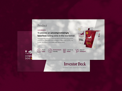 Beverage Pitch Deck: Downward Dog Wine alcohol beverage boxed wine branding classic creative design drink elegant investment magenta maroon pitch pitch deck powerpoint presentation spirits startup traditional wine