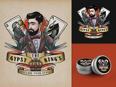 The Gypsy King's badge bagde design barber barbershop beard design drawing graphic design hair style hand drawing hand drawn hand drawn logo illustration logo logo designer old school tattoo tattoo design vintage vintage logo