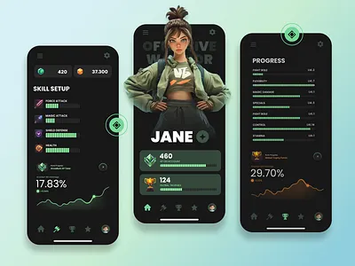 App UI Mobile Game Statistics - Character Statistics app data character fighter game app game charts game graph gamification gaming green interface mobile game ui online game progress bar statiscs ui kit warrior xp bar