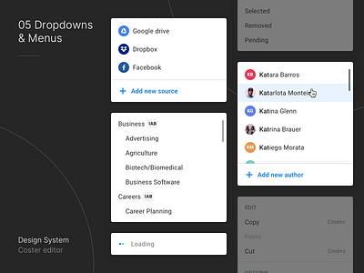 Coster Design System - Dropdowns atomic design component component library design system dropdown dropdown menu form foundations interface menu pixel perfect select box ui ux