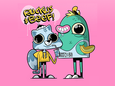 Rukus and Beef (character design) blake stevenson branding cartoon character design comic book concept art cute design illustration jetpacks and rollerskates raccoon retro reverse mermaid